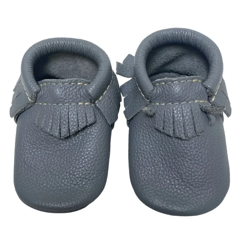 FRESHLY PICKED Baby Shoes Gray Leather Moccasins Up to 12 months Western Fringe